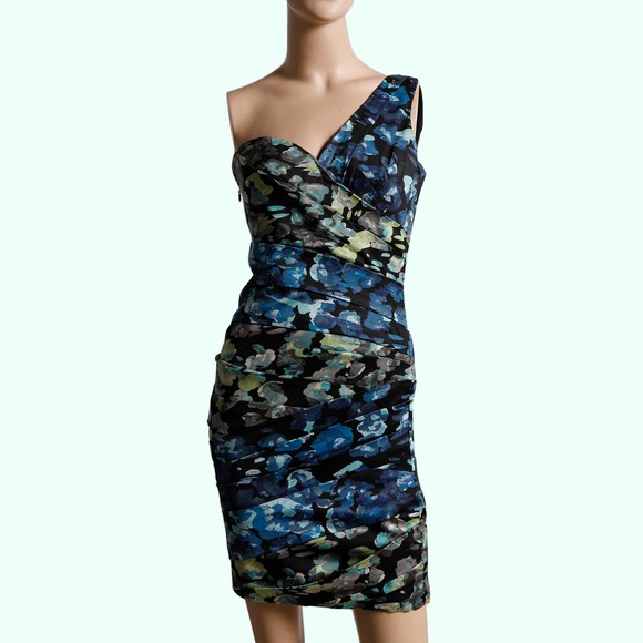 BCBGMAXAZRIA Multicolor Floral One Shoulder Mini Dress - Picture 1 of 6